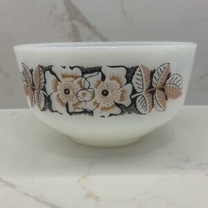Vintage Federal Glass Poppy Mixing Bowl Milk Glass Brown & Black Floral Design
